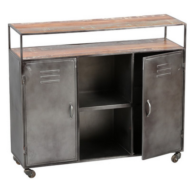 Comptoir de bar sur roulette en bois exotique et métal avec 2 portes et