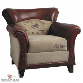 Fauteuil club cuir et tissu