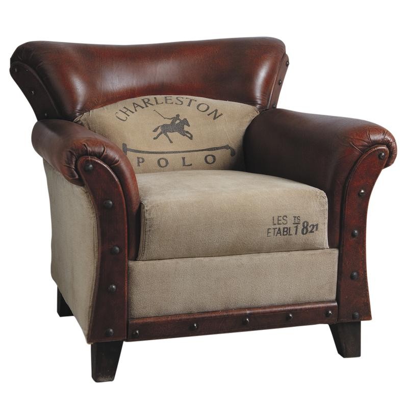 Fauteuil charlestone cuir et tissu