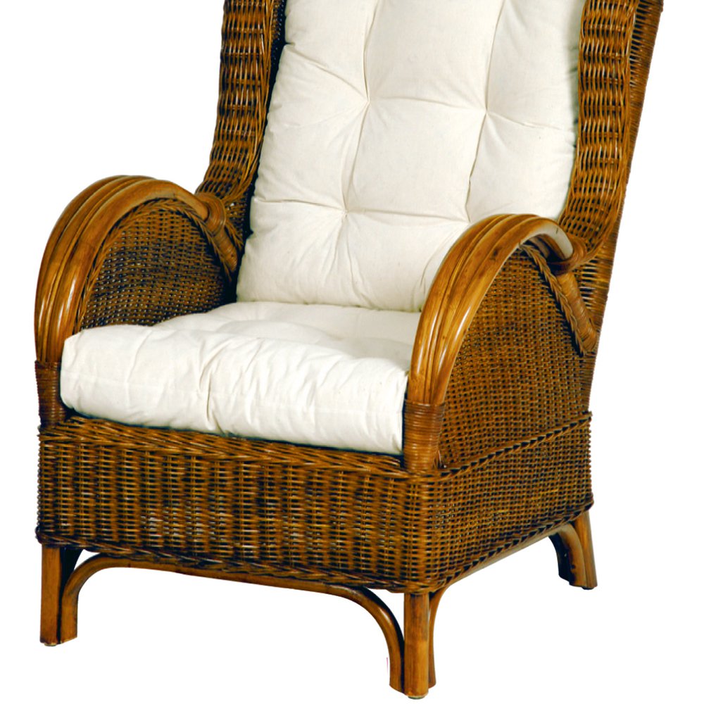 fauteuil en rotin dossier haut avec coussin en fibre synthétique